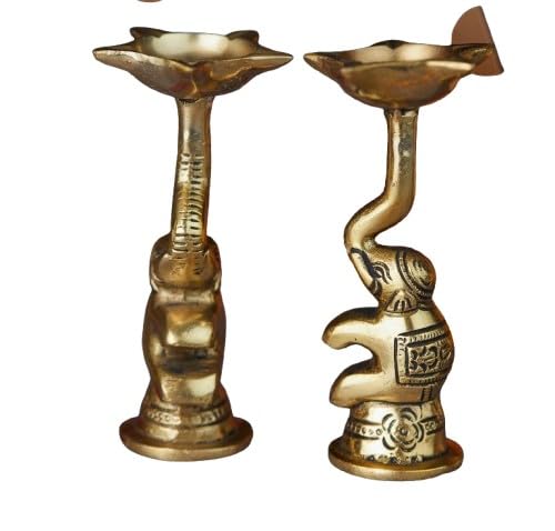 Brass Antique Finish Set of 2 Golden Decorative Elephant Brass Diya with Stand